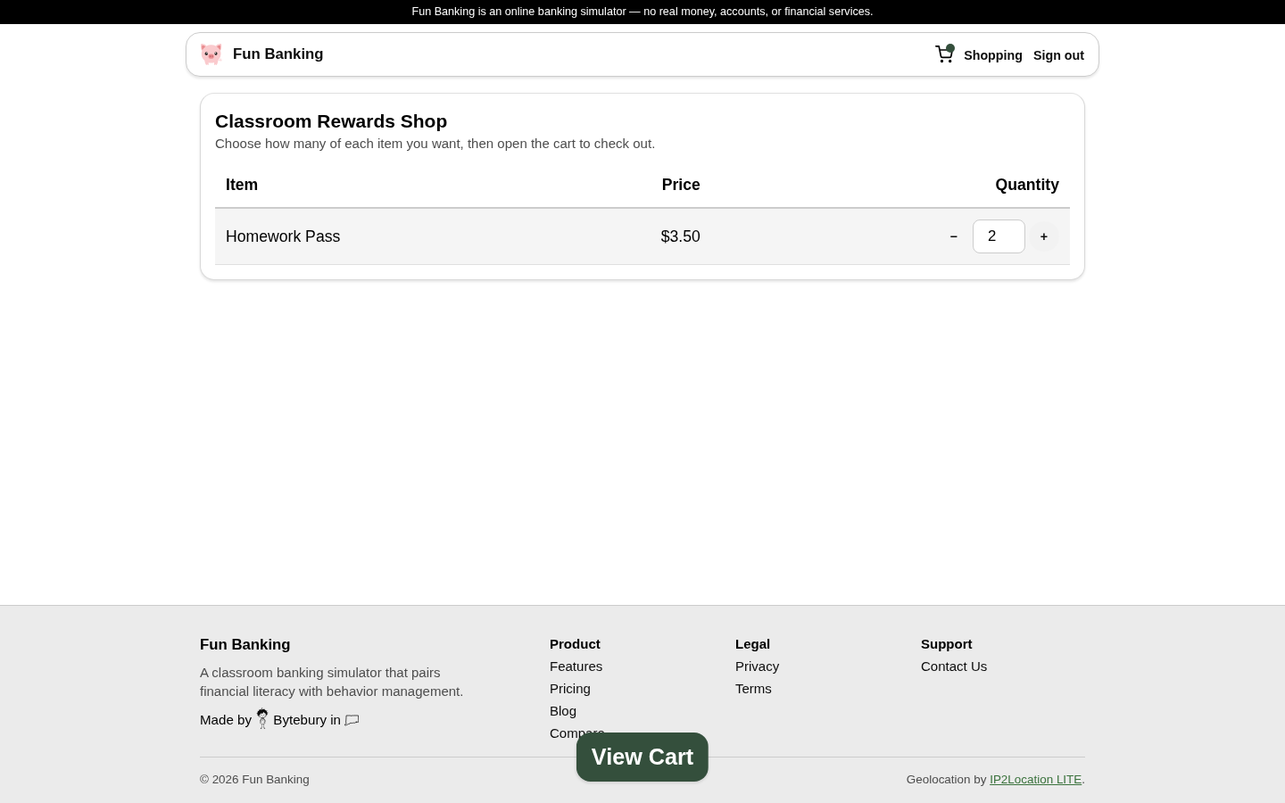 A classroom shop showing quantity controls and the floating View Cart button