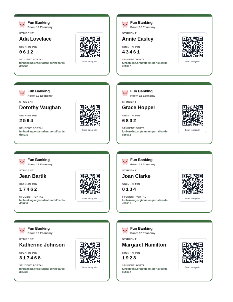 A printable sheet of eight Fun Banking student ID cards