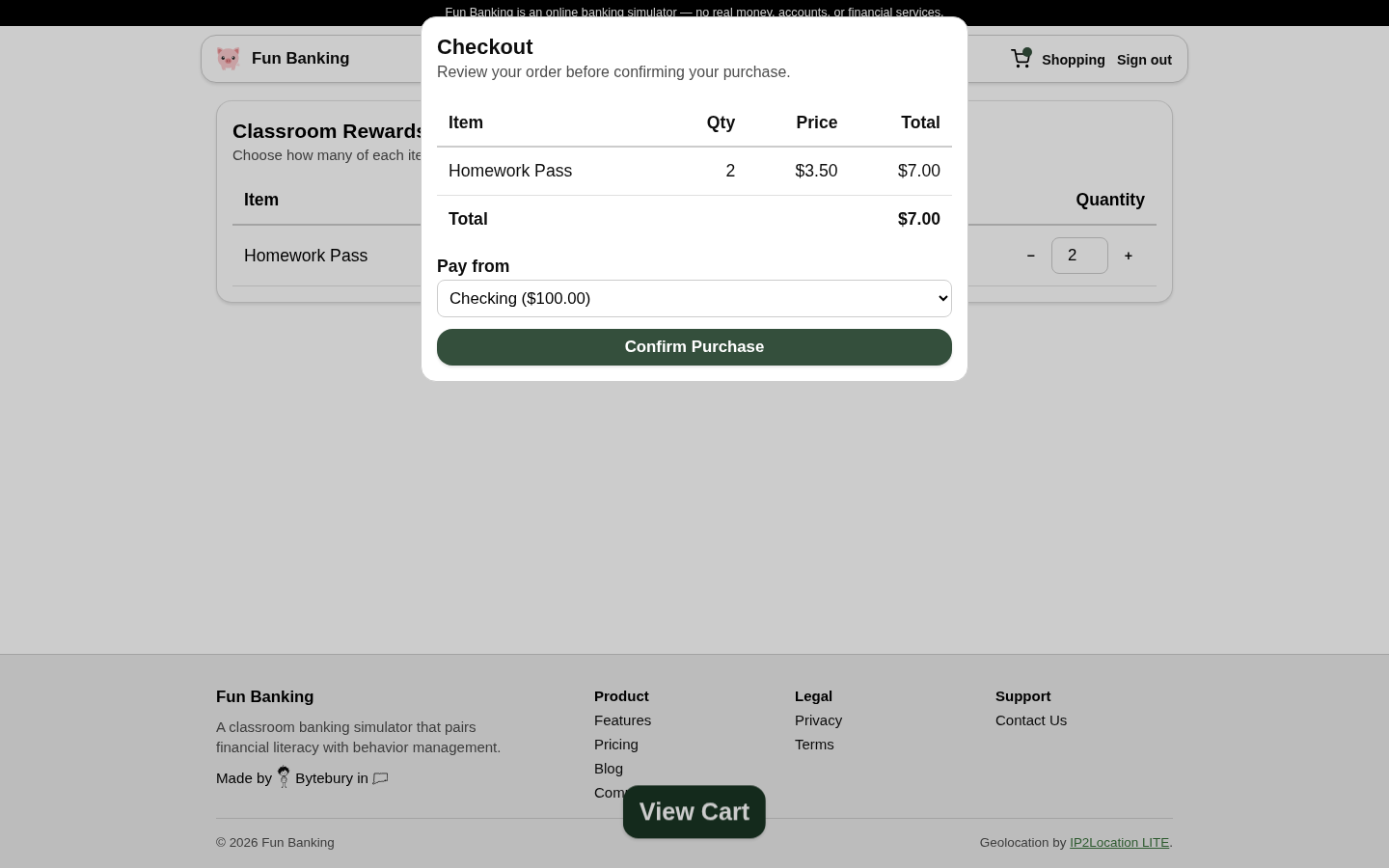 The student shop checkout showing an itemized order and payment account